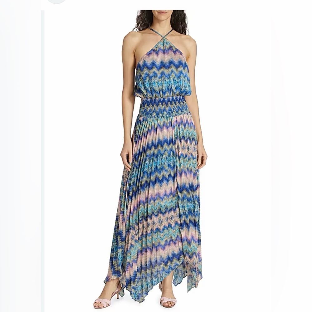 Ramy Brook Giana Hankerchief Maxi Dress Blue Pink Chevron Halter Sleeveless